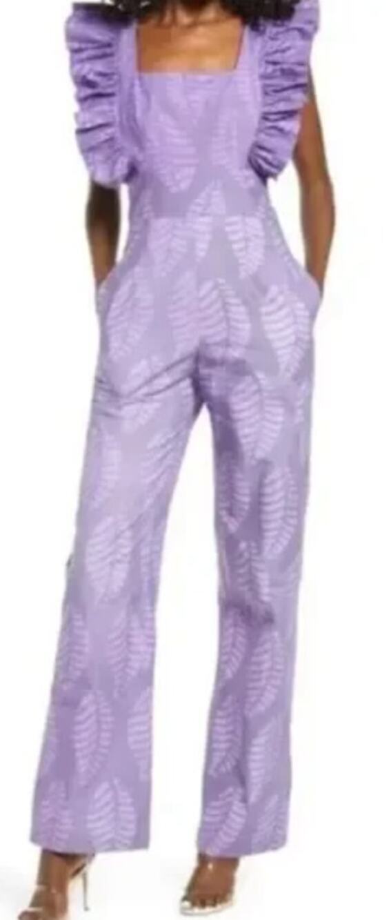 SIKA Tagoe leaf print light purple flutter sleeve long jumpsuit romper handmade